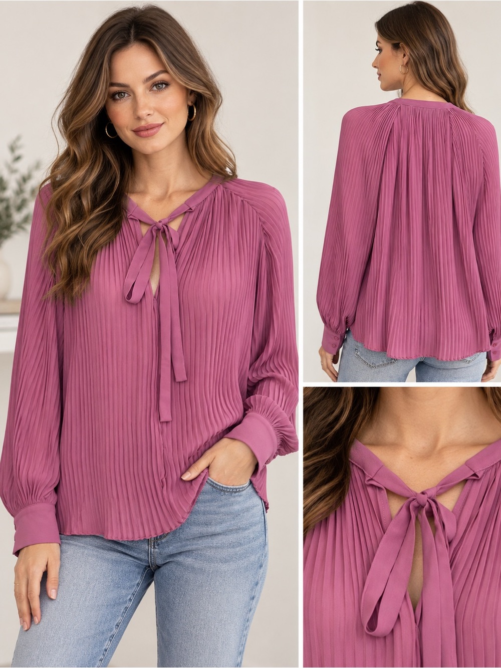 Endless Rose Mauve Pink Pleated Tie-Neck Blouse Size Small